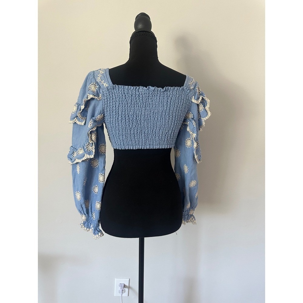 LoveShackFancy Blue Eyelet Ruffle Sleeve Tie Front Crop Top Blouse Large - Picture 5 of 9